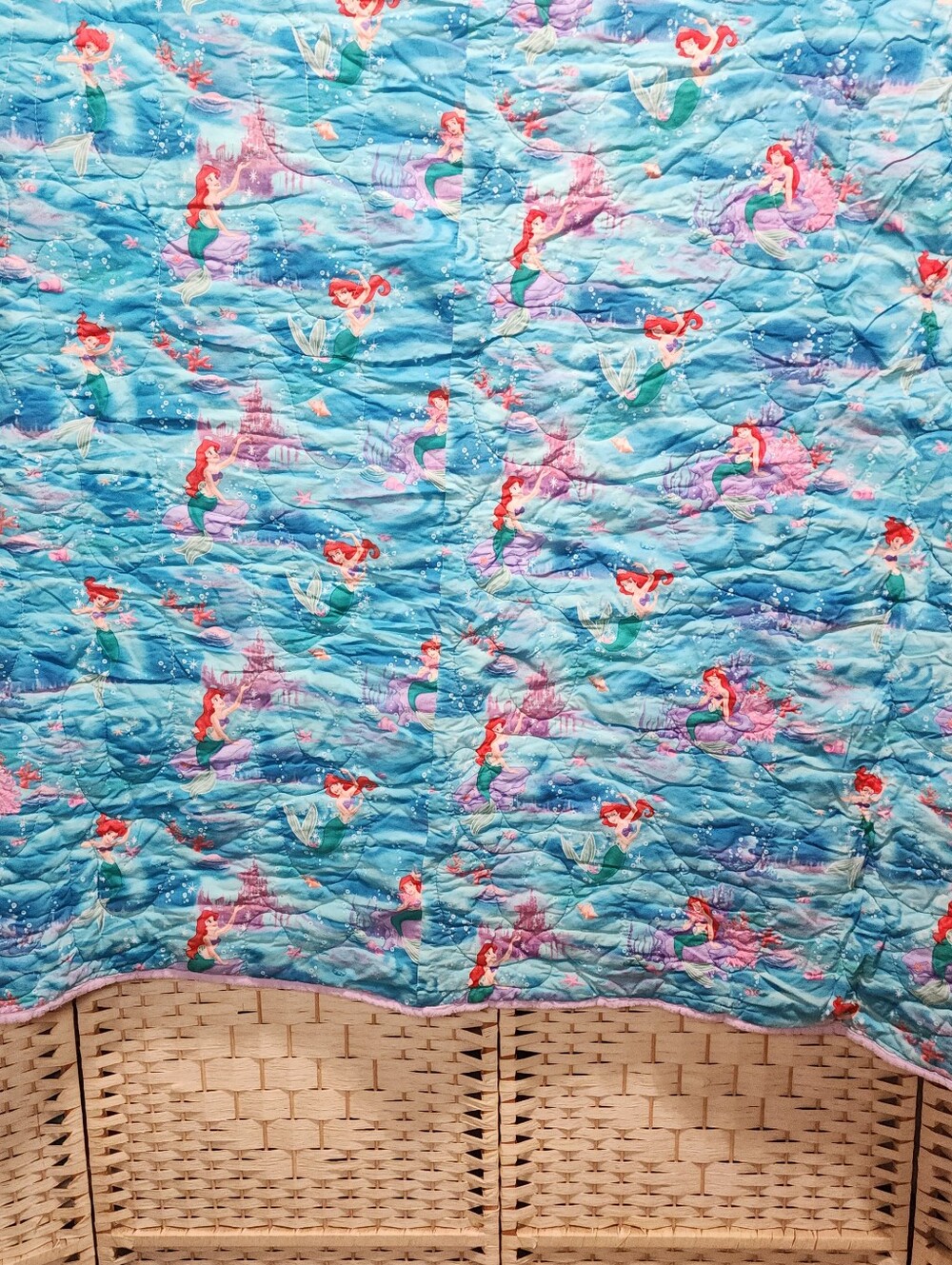Handmade The Little Mermaid Whole Cloth Quilt 80x75 Cotton And Flannel